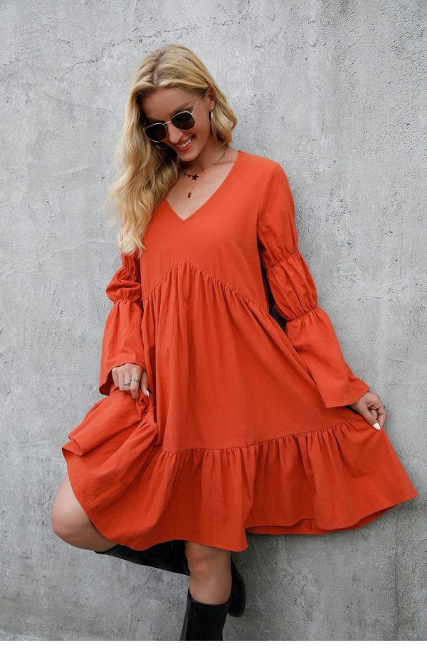 Summer Bohemian Holiday Long Dress For Laides Big Swing Ruffle V Neck Solid Color All Match Causal Chic Dress