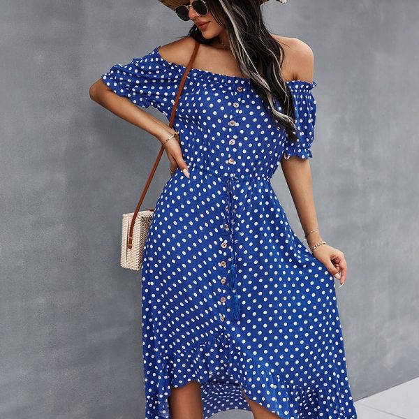 Alternative view of Ladies Dot Polka Print Dress Women Tassel Button Off The Shoulder Dress For Woman Sexy Slash Neck Spring Summer Dress