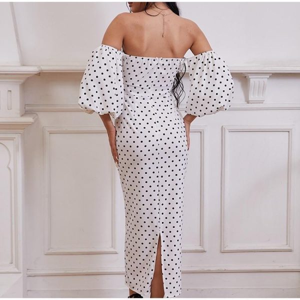 Polka Dot High Waist Midi Dresses Women V-Neck Sweet Long Puff Sleeve Elegant Dress Female 2021 Christmas Lady Party Vestidos - Hplify