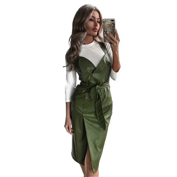 Women Sexy Sashes Pu Leather Sheath Party Dress Sleeveless Sling tight Cortex Winter Dress  Fashion Midi Dress Vestidos