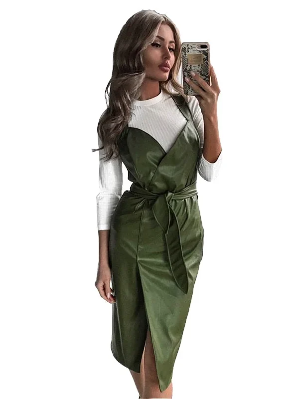 Women Sexy Sashes Pu Leather Sheath Party Dress Sleeveless Sling tight Cortex Winter Dress  Fashion Midi Dress Vestidos