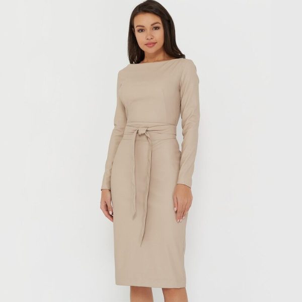 Sexy Pu Leather Bodycon Dress Women Sashes Long Sleeve Knee Length Party Club Dress  Autumn Winter Slim Dress Vintage