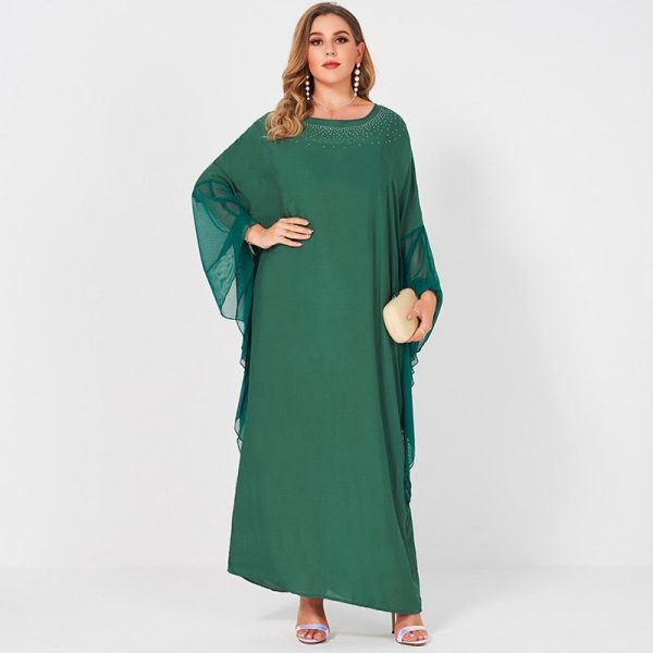 Products Ladies Fashion Net Yarn Stitching Solid Hot Brick Round Neck Bat Sleeve Long Green Banquet Loose Lace Women's Dress