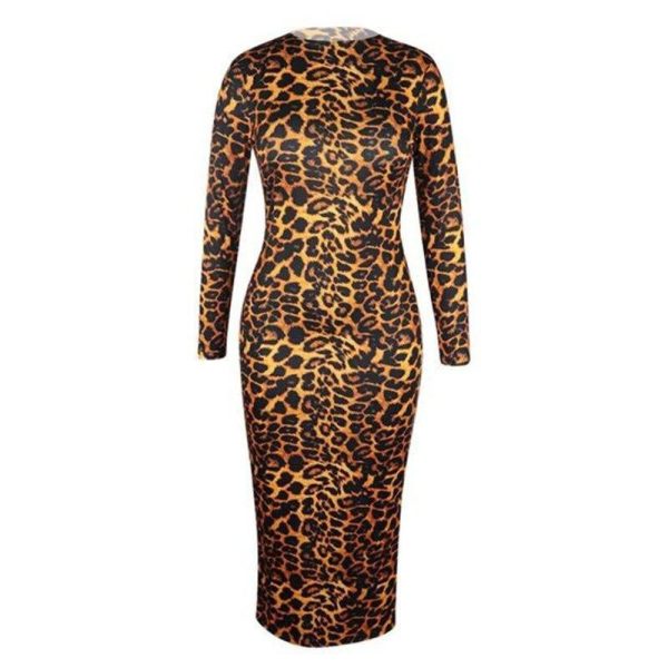 High neck long sleeve leopard print dress women Slim fit turtlenecek midi dresses Autumn Bodycon Party dress Vestidos - Hplify