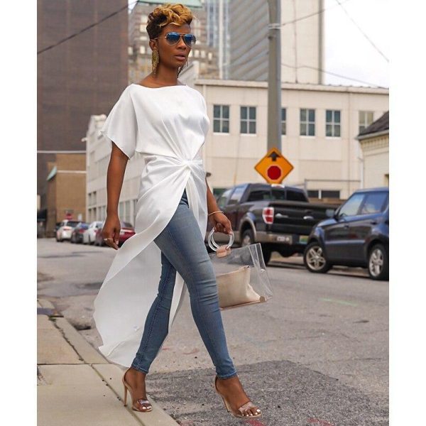 High waist long chiffon bloues women tops Irregular twisted summer blouse top Black white shirt blusas mujer ladies tops - Hplify