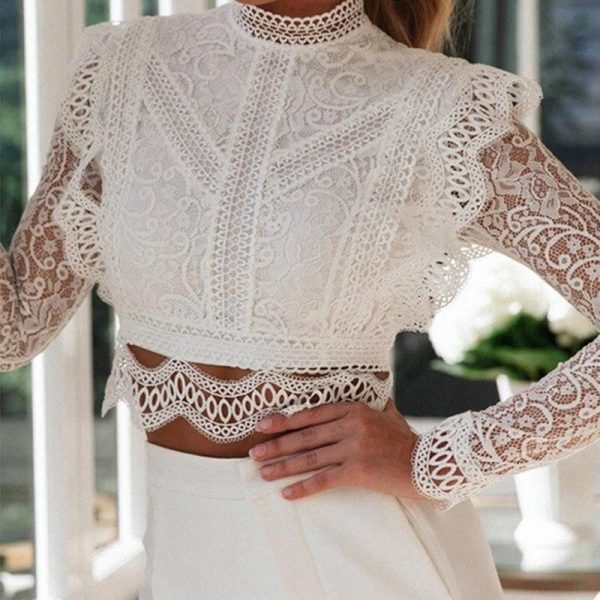 Hollow out lace t shirt women Floral crochet long sleeve tshirt Wide side white crop tops blusas mujer - Hplify