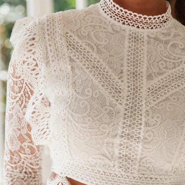 Hollow out lace t shirt women Floral crochet long sleeve tshirt Wide side white crop tops blusas mujer - Hplify