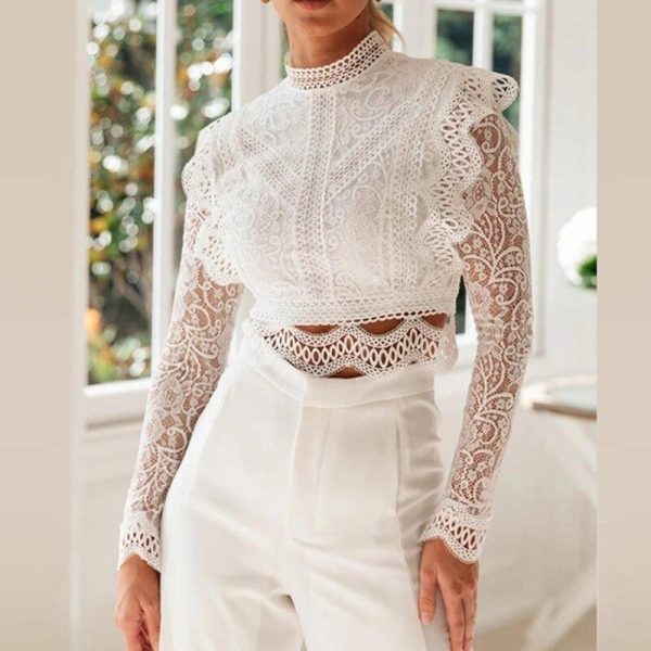 Hollow out lace t shirt women Floral crochet long sleeve tshirt Wide side white crop tops blusas mujer - Hplify