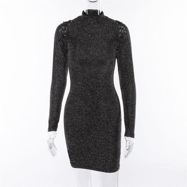 Hollow out shoulder long sleeve dress women Slim fit glitter bodycon dress Autumn turtleneck dresses Elegant black vestido mujer - Hplify