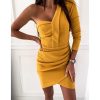 Irregular Ruched Design Long Sleeve Dress Women Slim Fit One Off Shoulder Dresses Night Club Party Dress Solid Bodycon Robe - Hplify