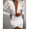 Irregular Solid White Long Sleeve Women Dress V Neck Puff Sleeve Party Dress Elegant Ladies Formal Workwear Vestidos Mujer - Hplify