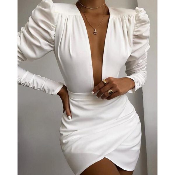 Irregular Solid White Long Sleeve Women Dress V Neck Puff Sleeve Party Dress Elegant Ladies Formal Workwear Vestidos Mujer - Hplify