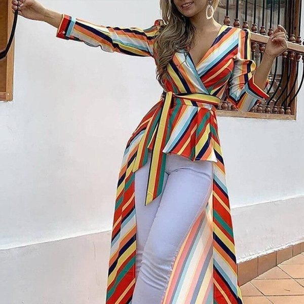 Irregular hem colorful striped print blouse shirt women Elegant sashes long blouse office ladies party tops Summer blusas - Hplify