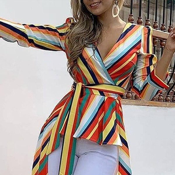 Irregular hem colorful striped print blouse shirt women Elegant sashes long blouse office ladies party tops Summer blusas - Hplify