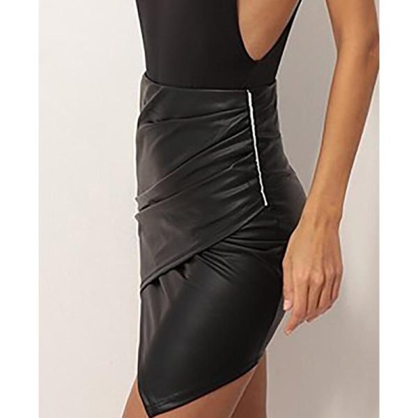 Irregular pu leather skirt women Solid ruched design side zip summer skirt night club mini high waist skirts saias - Hplify