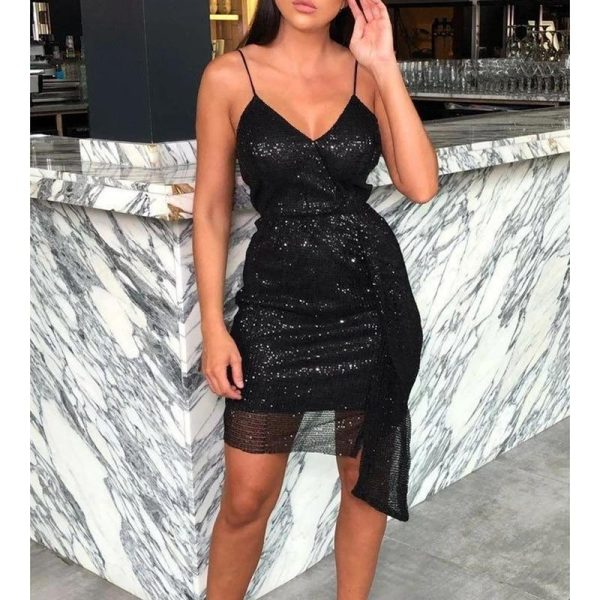 Irregular slim strap sequined dress women strapless cut out bodycon dress clubwear summer  mini sequins vestidos mujer - Hplify