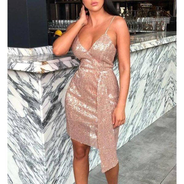 Irregular slim strap sequined dress women strapless cut out bodycon dress clubwear summer  mini sequins vestidos mujer - Hplify