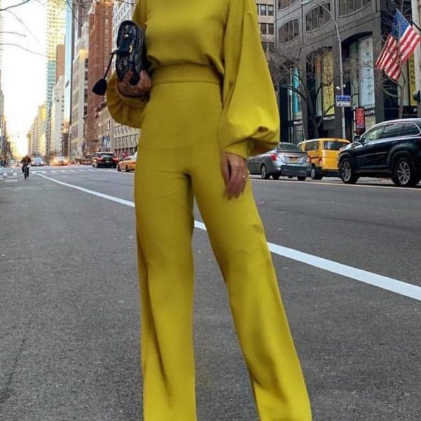 Jumpsuit Women Elegant Fashion Slim Fit Yellow Solid Skinny Casual Overalls Office Work Lantern Sleeve Mock Neck Jumpsuits - Hplify