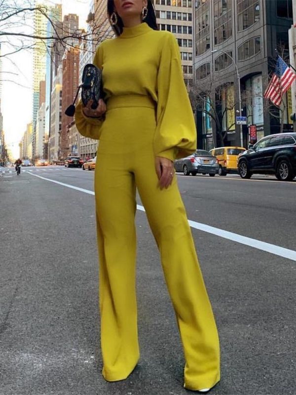 Jumpsuit Women Elegant Fashion Slim Fit Yellow Solid Skinny Casual Overalls Office Work Lantern Sleeve Mock Neck Jumpsuits - Hplify