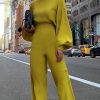 Jumpsuit Women Elegant Fashion Slim Fit Yellow Solid Skinny Casual Overalls Office Work Lantern Sleeve Mock Neck Jumpsuits - Hplify