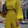 Jumpsuit Women Elegant Fashion Slim Fit Yellow Solid Skinny Casual Overalls Office Work Lantern Sleeve Mock Neck Jumpsuits - Hplify
