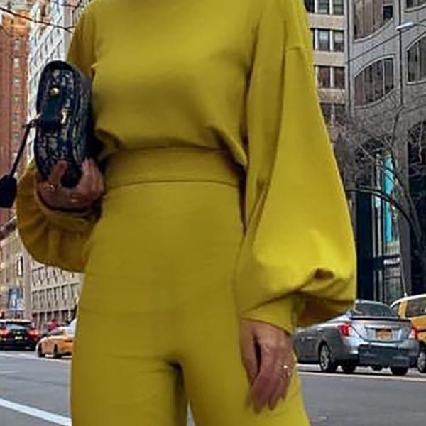 Jumpsuit Women Elegant Fashion Slim Fit Yellow Solid Skinny Casual Overalls Office Work Lantern Sleeve Mock Neck Jumpsuits - Hplify