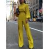 Jumpsuit Women Elegant Fashion Slim Fit Yellow Solid Skinny Casual Overalls Office Work Lantern Sleeve Mock Neck Jumpsuits - Hplify