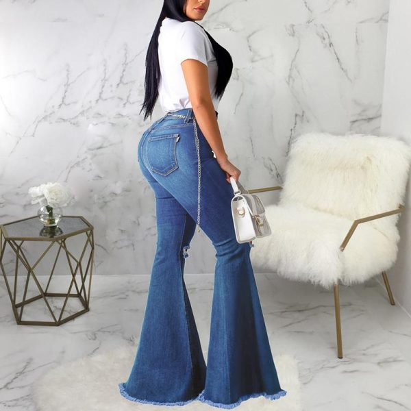 Knee Ripped Jeans Women Solid High Wasit Denim Pants Autumn Fashion Hole Flare Jeans Woman High Waist Sweatpants Femme - Hplify