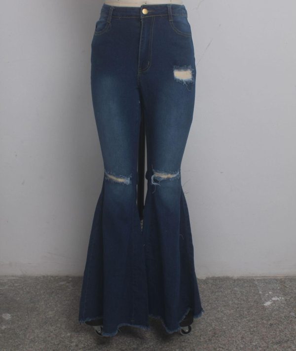 Knee Ripped Jeans Women Solid High Wasit Denim Pants Autumn Fashion Hole Flare Jeans Woman High Waist Sweatpants Femme - Hplify