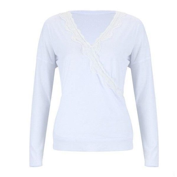 Korean Fashion Clothing Women Sexy Low Cut See Through Lace Long Sleeve Women Blouse Womens Tops and Blouses - Hplify