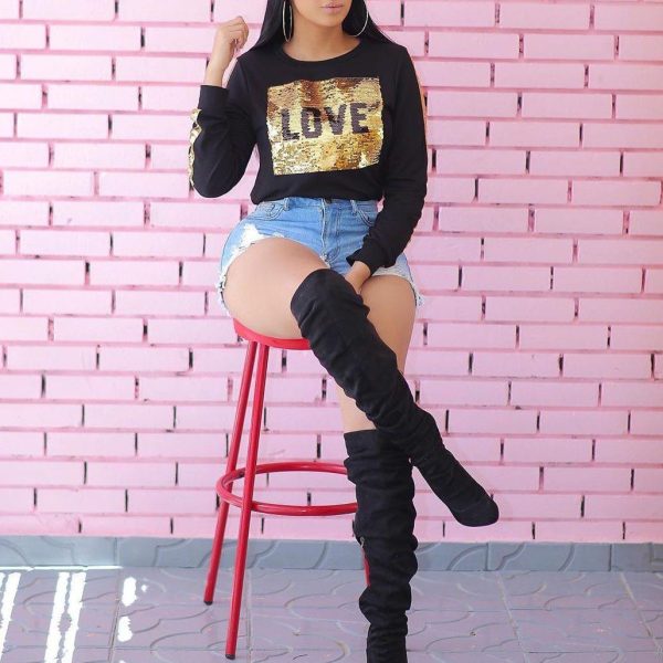 LOVE Sequined Patchwork Long Sleeve T Shirt Women Winter O Neck Casual Sequin Top Blusas Feminino Plus Size Woman Clothes - Hplify