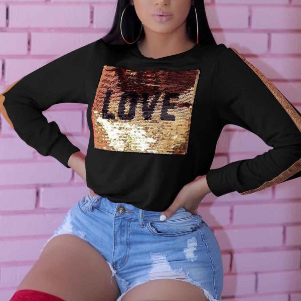 LOVE Sequined Patchwork Long Sleeve T Shirt Women Winter O Neck Casual Sequin Top Blusas Feminino Plus Size Woman Clothes - Hplify