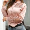Lace Patchwork Long Sleeve T Shirt Women Single Breasted Pink Tshirt Elegant Office Ladies Work Wear Shirts Blusa Femme - Hplify