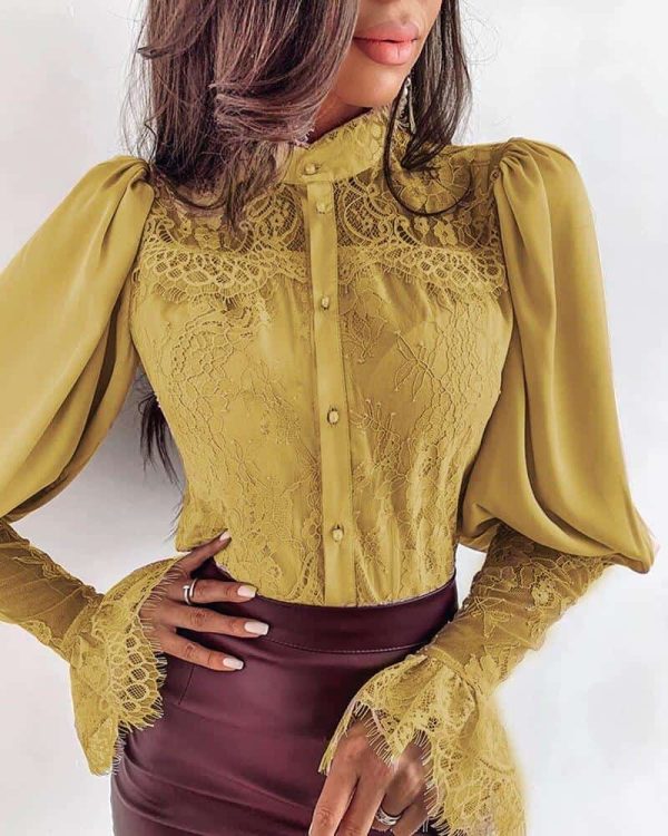 Lace Patchwork Puff Sleeve T Shirt Women Buttoned Petal Sleeve Elegant Office Ladies Tops Summer Blusas Mujer - Hplify