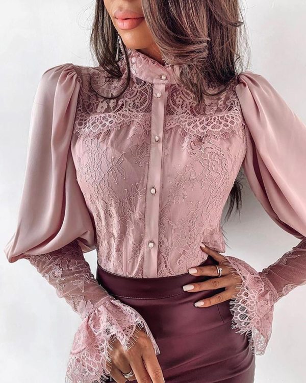Lace Patchwork Puff Sleeve T Shirt Women Buttoned Petal Sleeve Elegant Office Ladies Tops Summer Blusas Mujer - Hplify