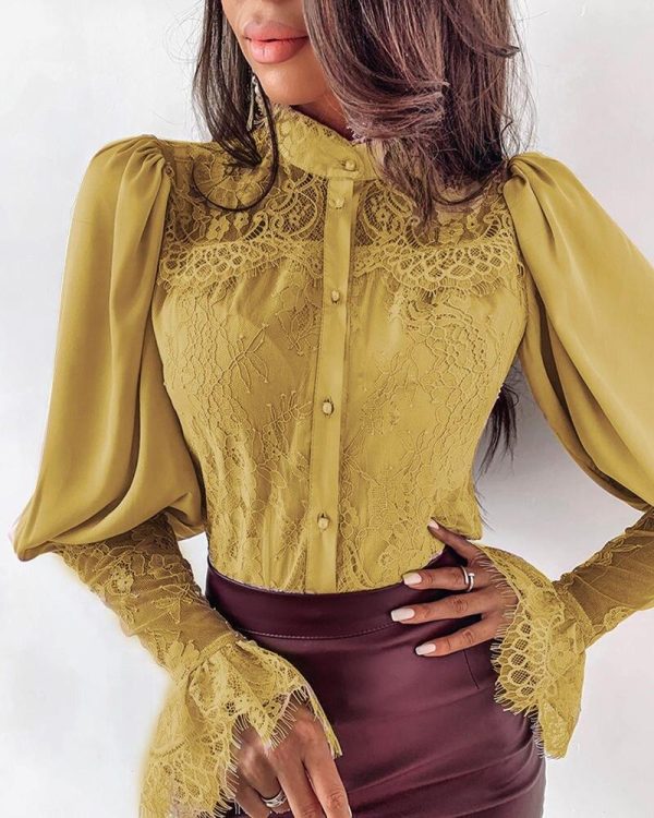 Lace Patchwork Puff Sleeve T Shirt Women Buttoned Petal Sleeve Elegant Office Ladies Tops Summer Blusas Mujer - Hplify