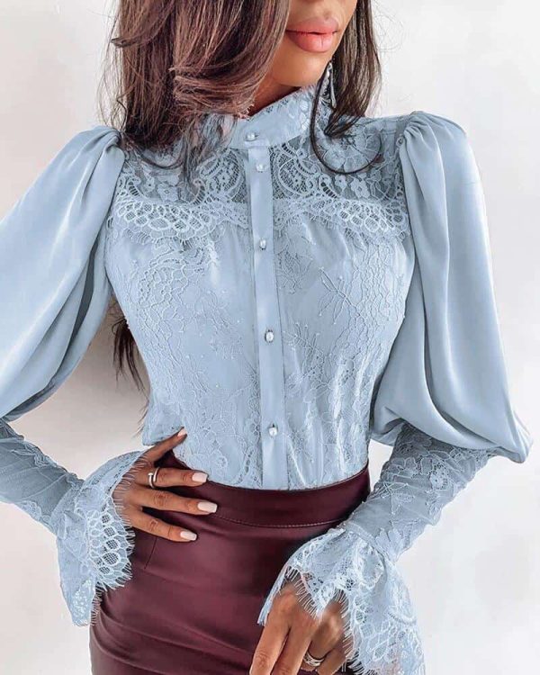 Lace Patchwork Puff Sleeve T Shirt Women Buttoned Petal Sleeve Elegant Office Ladies Tops Summer Blusas Mujer - Hplify