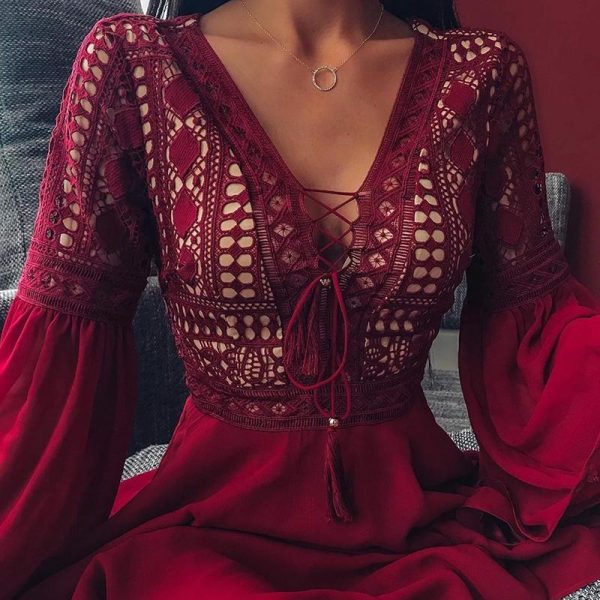 Lace Up Flare Sleeve A-line Dress Women - Hplify