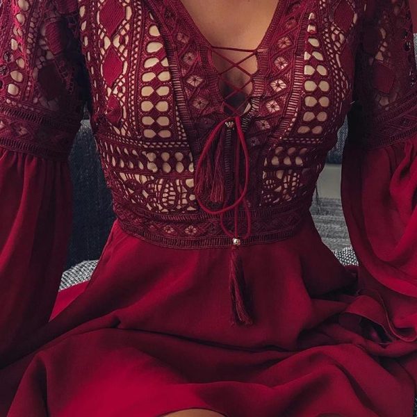 Lace Up Flare Sleeve A-line Dress Women - Hplify