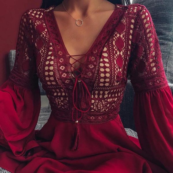 Lace Up Flare Sleeve A-line Dress Women - Hplify