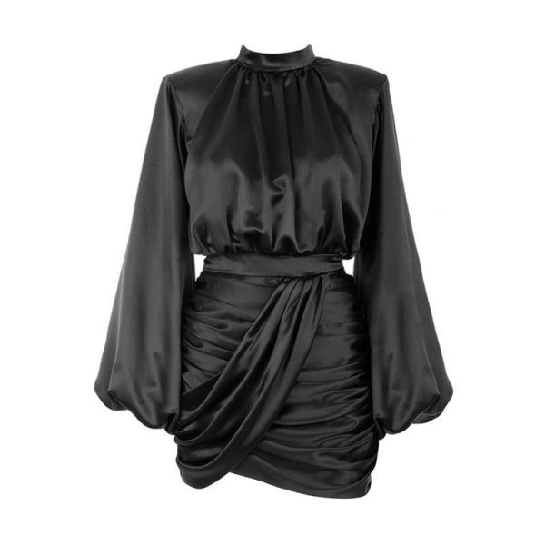 Lantern Sleeve Turtleneck Satin Dress Women Solid Black Bodycon Dresses Long Sleeve High Waist New Mini Vestidos - Hplify