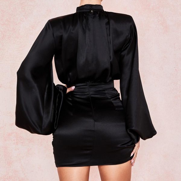 Lantern Sleeve Turtleneck Satin Dress Women Solid Black Bodycon Dresses Long Sleeve High Waist New Mini Vestidos - Hplify