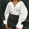 Lantern sleeve blouse women long sleeve  v neck blouses Autumn button solid white shirt Elegant ladies workwear top blusas - Hplify