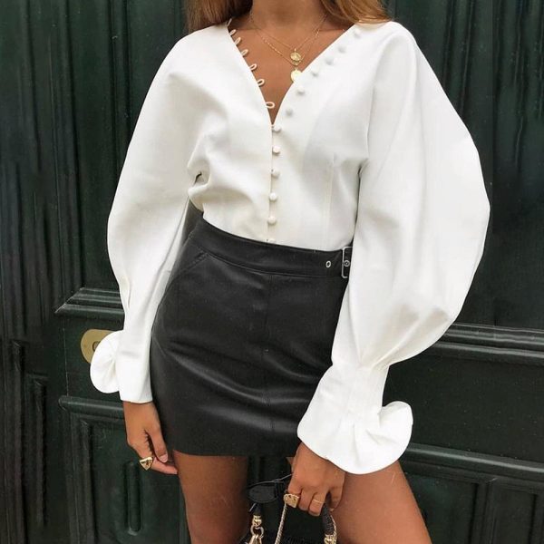 Lantern sleeve blouse women long sleeve  v neck blouses Autumn button solid white shirt Elegant ladies workwear top blusas - Hplify