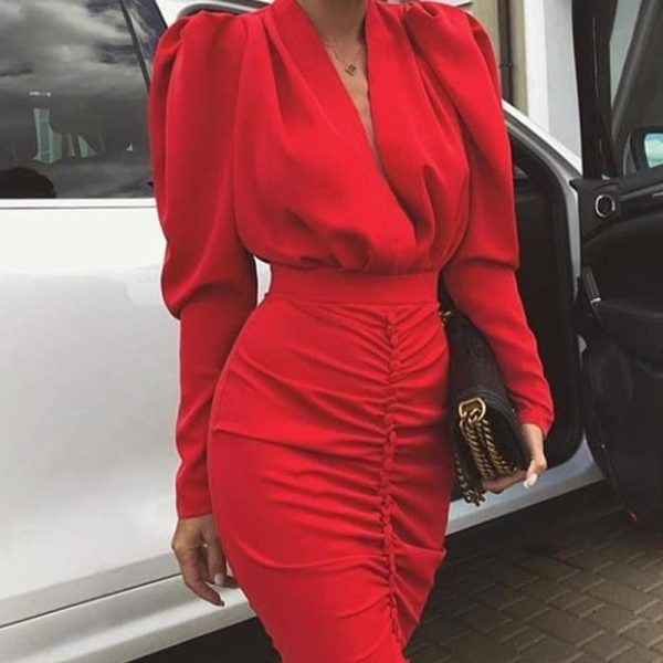 Leg-of-Mutton Sleeve Plunge Party DRESS Women Long Sleeve V Neck Bodycon Dresses Ruched Designed Kneered Vestidos - Hplify