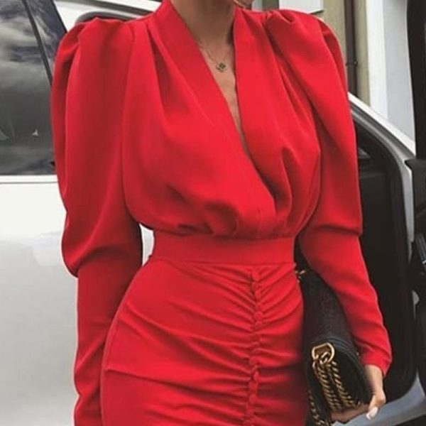 Leg-of-Mutton Sleeve Plunge Party DRESS Women Long Sleeve V Neck Bodycon Dresses Ruched Designed Kneered Vestidos - Hplify
