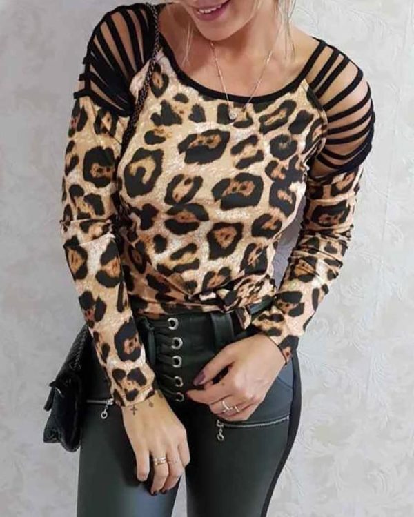 Leopard Print Black T Shirt Ladder Cut Out Long Sleeve T-shirt Women Casual O Neck Summer Tops Women Clothes - Hplify