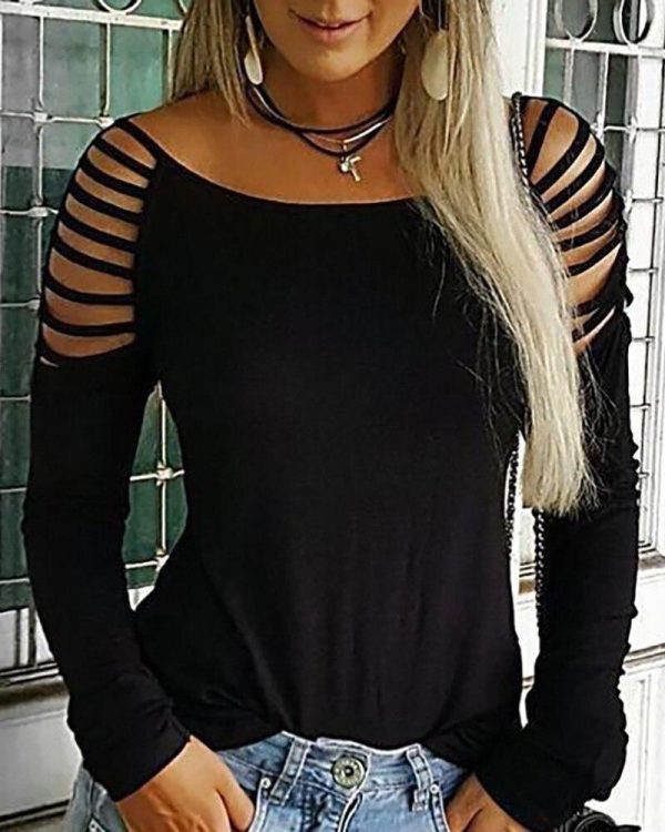 Leopard Print Black T Shirt Ladder Cut Out Long Sleeve T-shirt Women Casual O Neck Summer Tops Women Clothes - Hplify