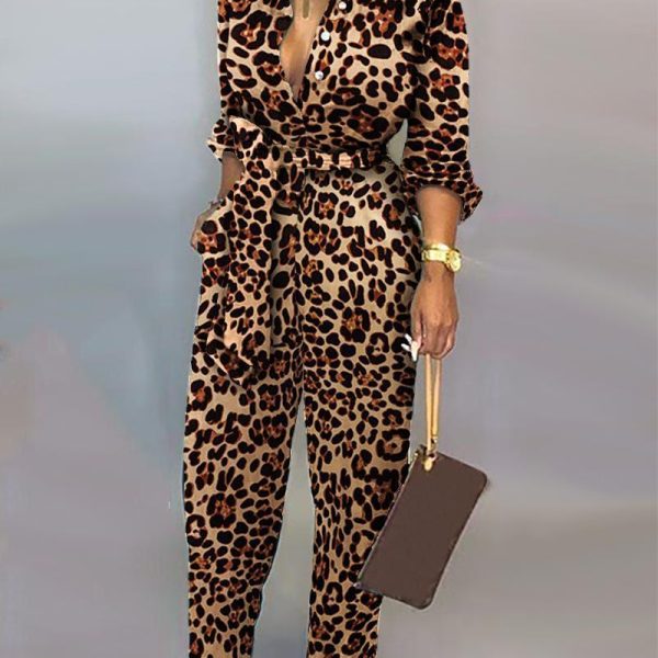 Leopard Print Long Sleeve Women Jumpsuit Sashes Tied Waist Wide Leg Rompers Womens Jumpsuit Casual Loose V Neck Long Overalls - Hplify