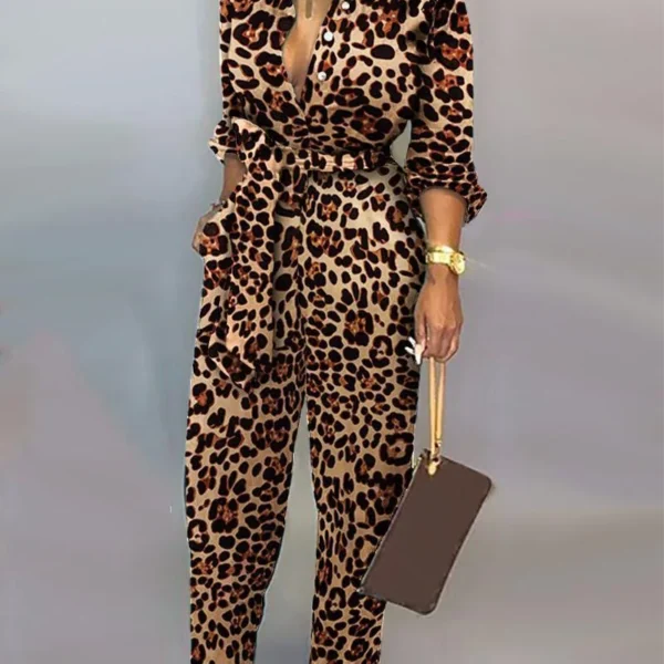 Leopard Print Long Sleeve Women Jumpsuit Sashes Tied Waist Wide Leg Rompers Womens Jumpsuit Casual Loose V Neck Long Overalls - Hplify